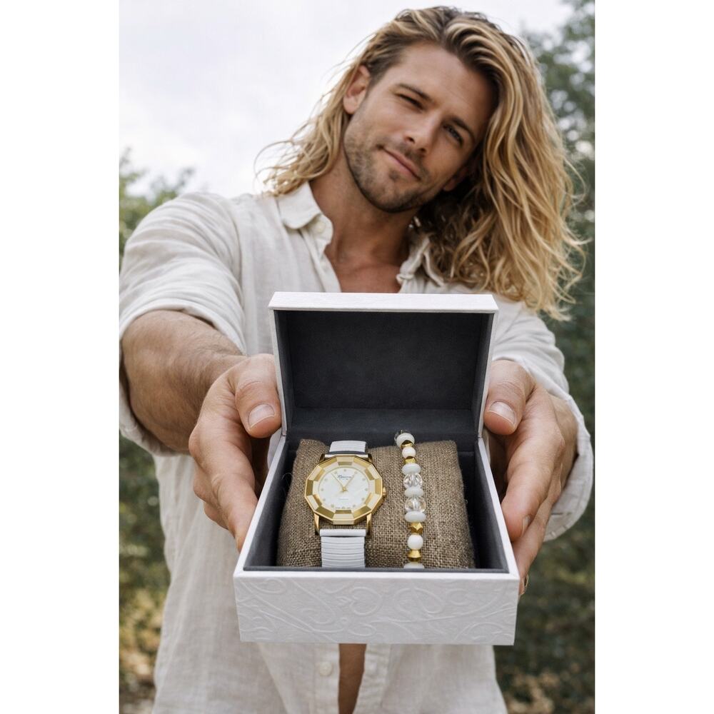 🤍✨ Elegant Watch & Bracelet Set – Soft Glam Stack ✨🤍 New Battery